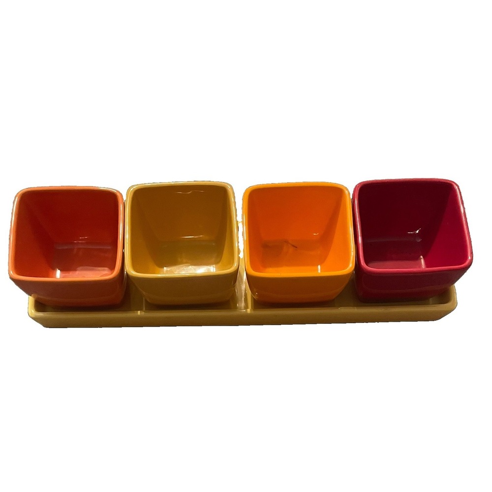 Crate & Barrel 5 Piece Square Bowls and Tray Condiments Snack Set Colorful Fun